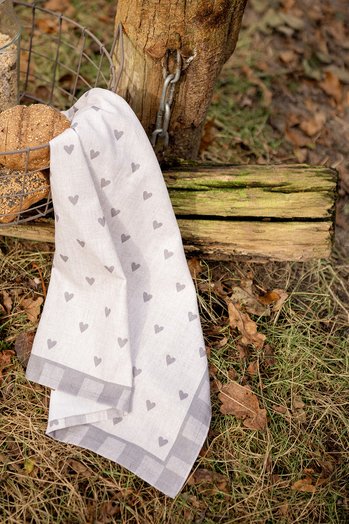 Clayre & Eef Theedoek 50x70 cm Beige Grijs Katoen Hartjes