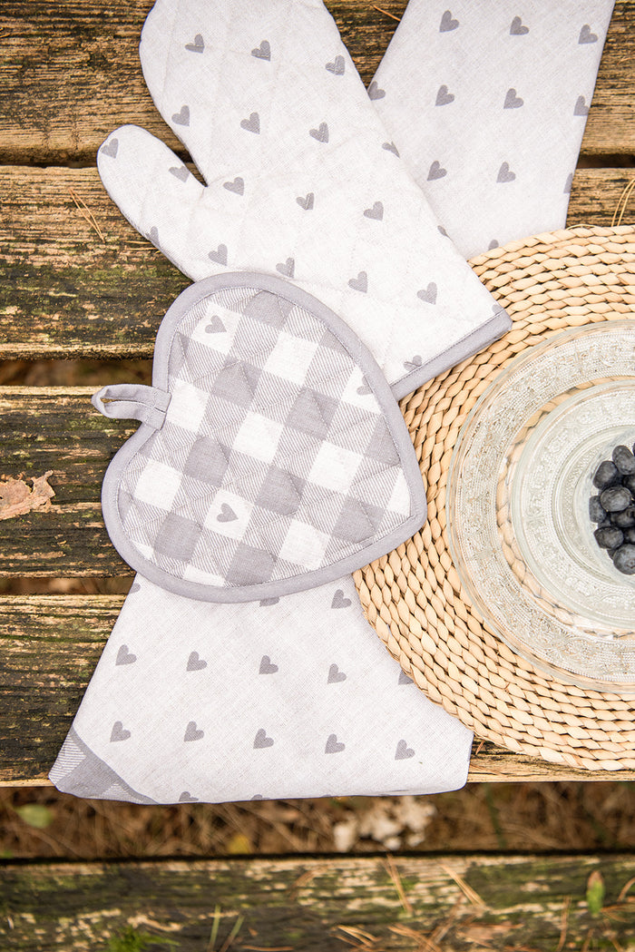 Clayre & Eef Theedoek 50x70 cm Beige Grijs Katoen Hartjes