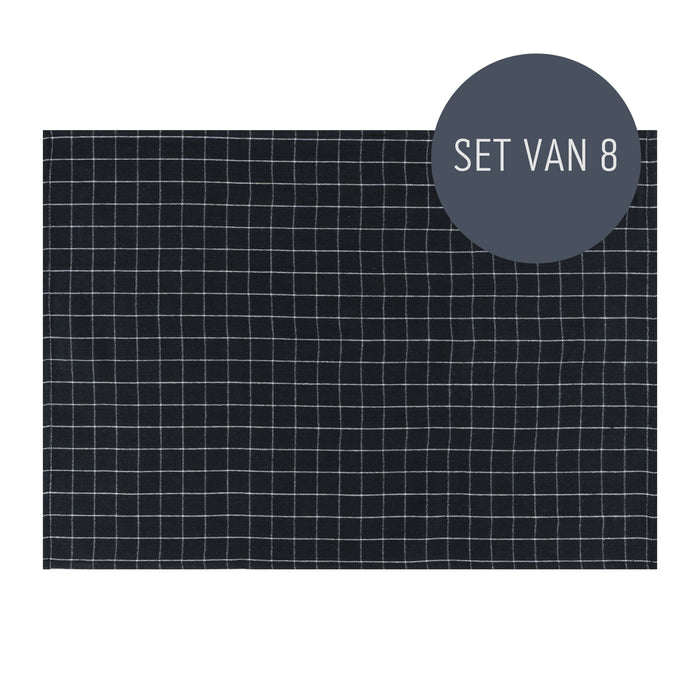 Krumble Theedoek met ruitpatroon klein - Zwart - Set van 8