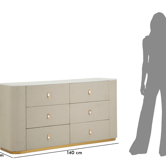 Kast in beige stof en goudkleurig metaal, 140x45x76 cm