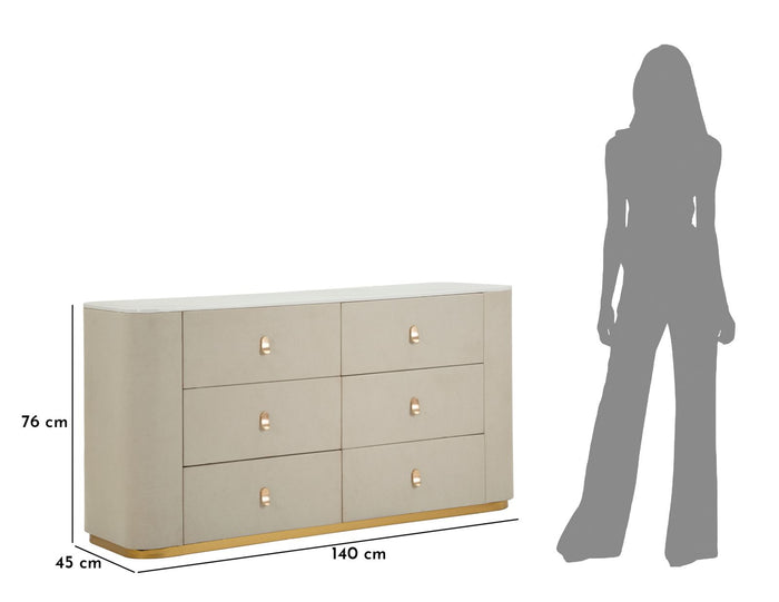 Kast in beige stof en goudkleurig metaal, 140x45x76 cm