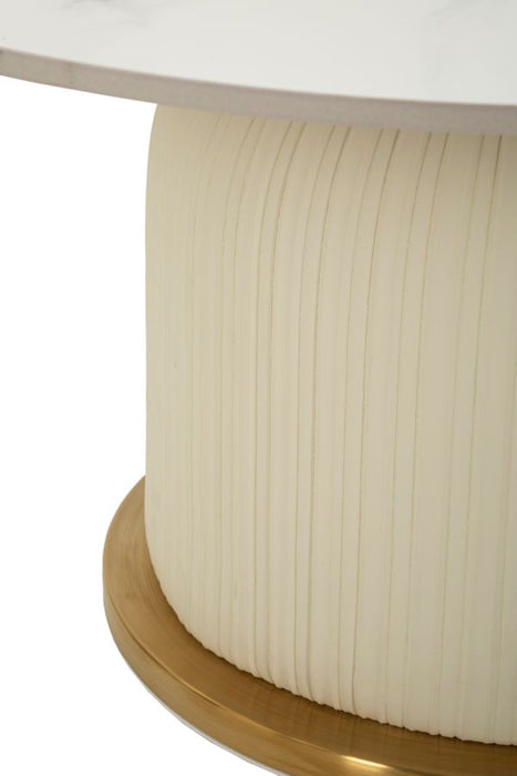 Salontafel in crème leer met marmeren blad cm ø 80x39,5