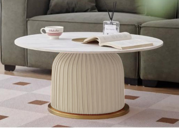 Salontafel in crème leer met marmeren blad cm ø 80x39,5