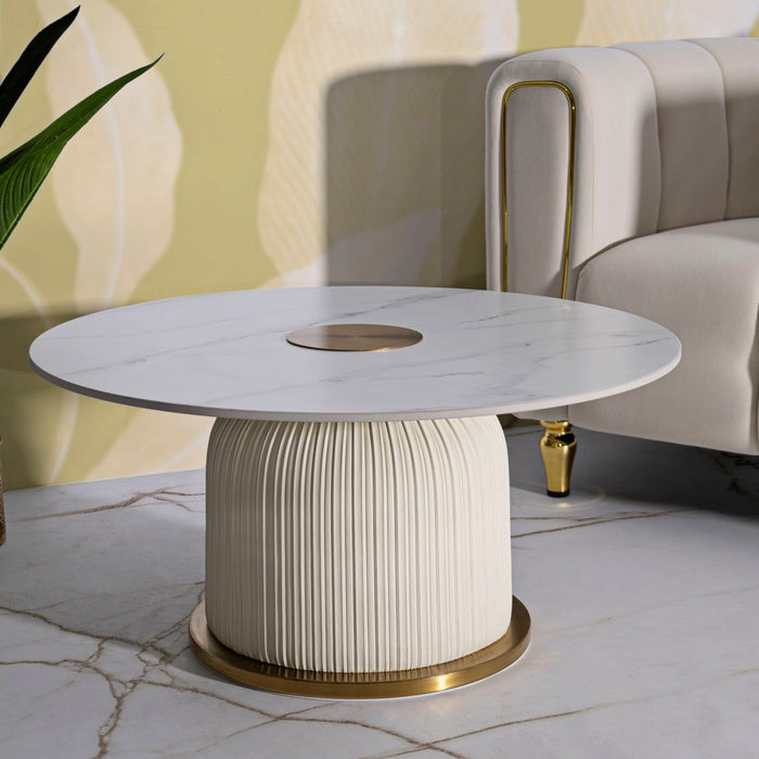 Salontafel in crème leer met marmeren blad cm ø 80x39,5