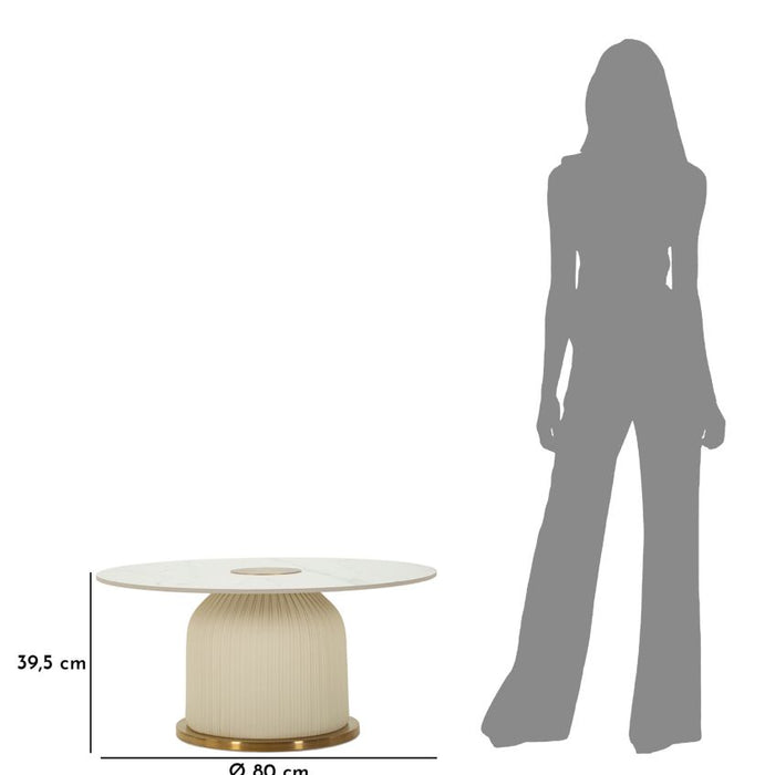 Salontafel in crème leer met marmeren blad cm ø 80x39,5