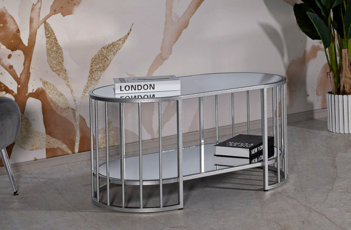 Salontafel in zilverkleurig metaal en glas cm 90x50x45