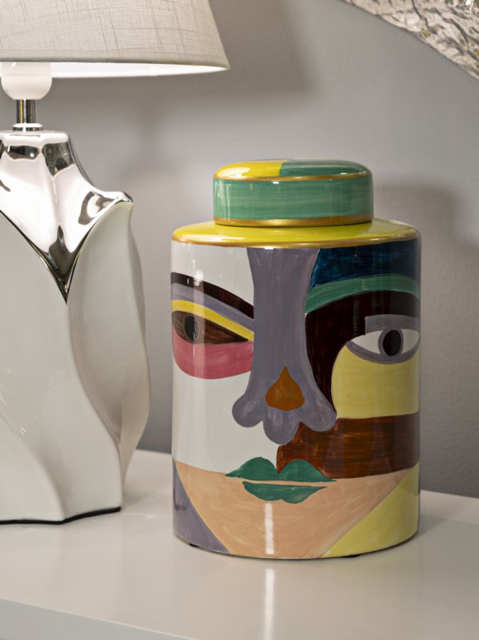 Veelkleurige keramische vaas met deksel cm ø 19x28