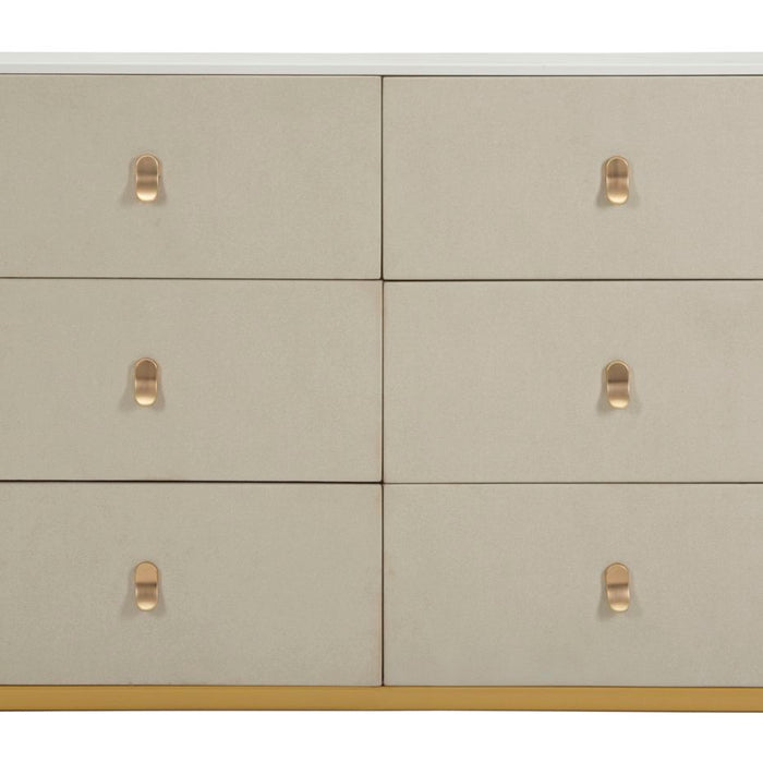 Kast in beige stof en goudkleurig metaal, 140x45x76 cm