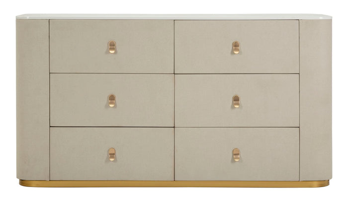 Kast in beige stof en goudkleurig metaal, 140x45x76 cm