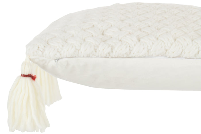 J-line - Kussen Gehaakt Kwast Acryl Wit - 58x39x10cm