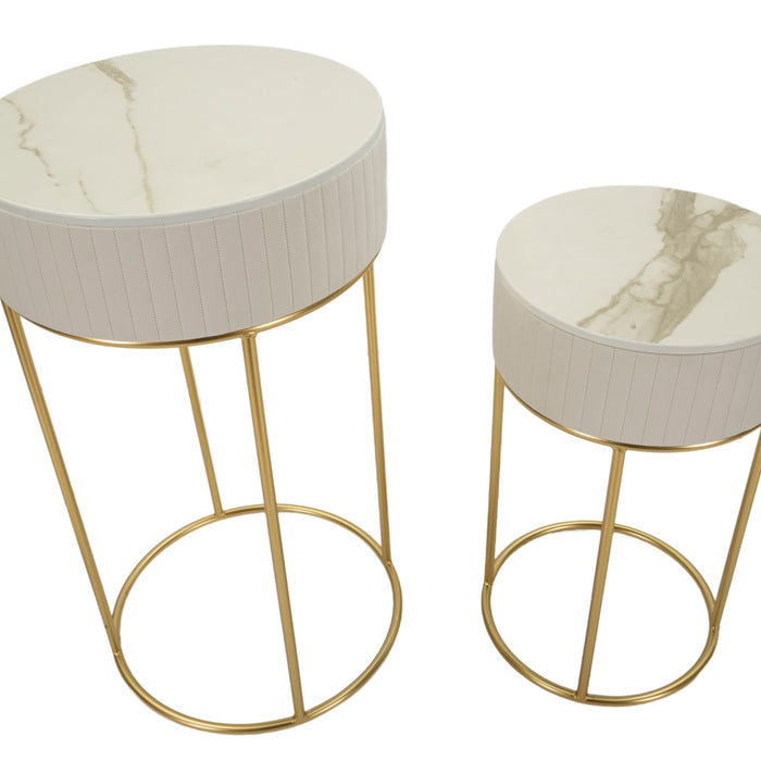 Ronde hoge tafels set van 2 in crèmekleurig fluweel cm ø 50x90-40x70