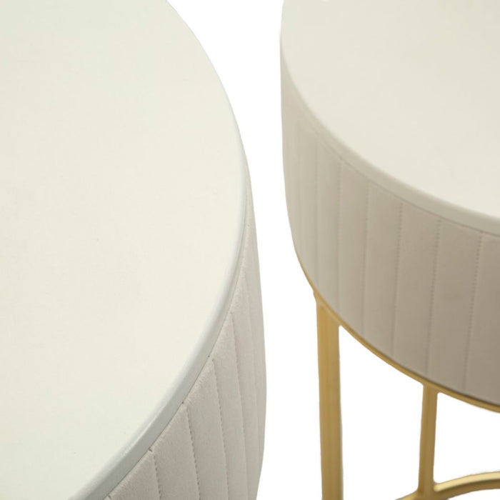 Ronde hoge tafels set van 2 in crèmekleurig fluweel cm ø 50x90-40x70