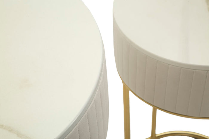 Ronde hoge tafels set van 2 in crèmekleurig fluweel cm ø 50x90-40x70