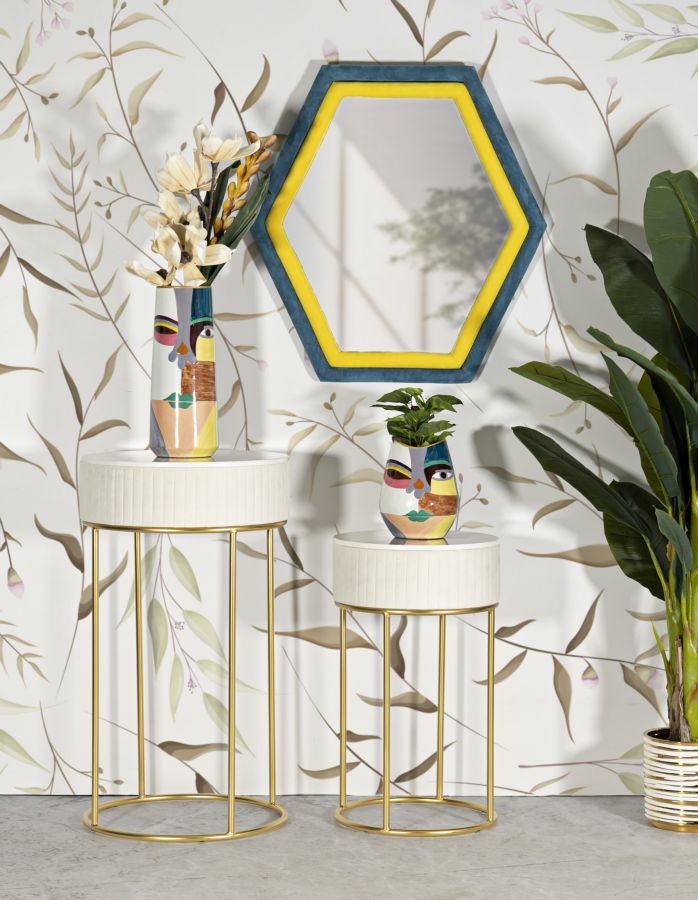 Ronde hoge tafels set van 2 in crèmekleurig fluweel cm ø 50x90-40x70