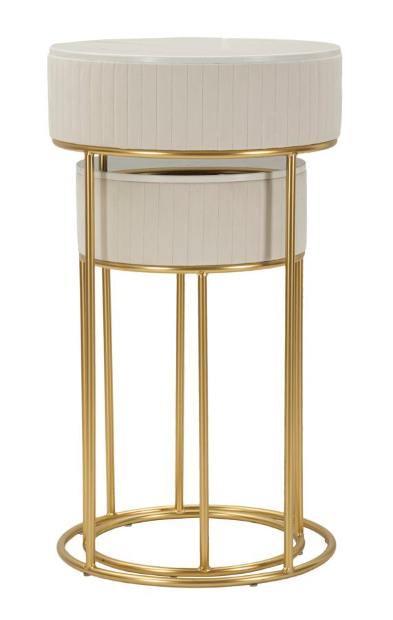 Ronde hoge tafels set van 2 in crèmekleurig fluweel cm ø 50x90-40x70