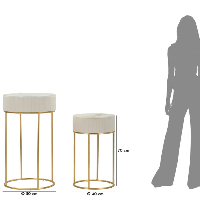 Ronde hoge tafels set van 2 in crèmekleurig fluweel cm ø 50x90-40x70