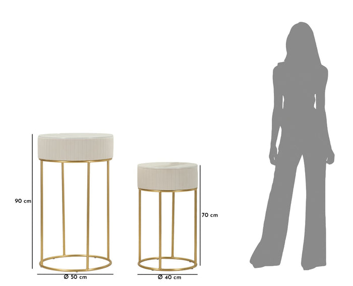 Ronde hoge tafels set van 2 in crèmekleurig fluweel cm ø 50x90-40x70