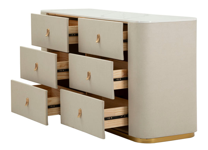 Kast in beige stof en goudkleurig metaal, 140x45x76 cm