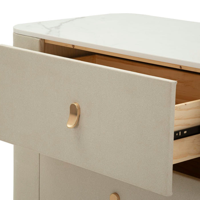 Kast in beige stof en goudkleurig metaal, 140x45x76 cm