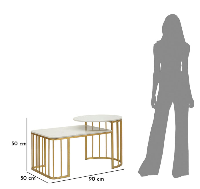 Salontafel in goudkleurig metaal en marmer cm 90x50x50