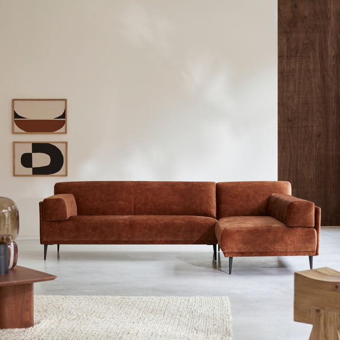 Tikamoon - Hoekbank met hoek rechts in terracottabruin fluweel 270 x 180 cm Finn, 4-zit