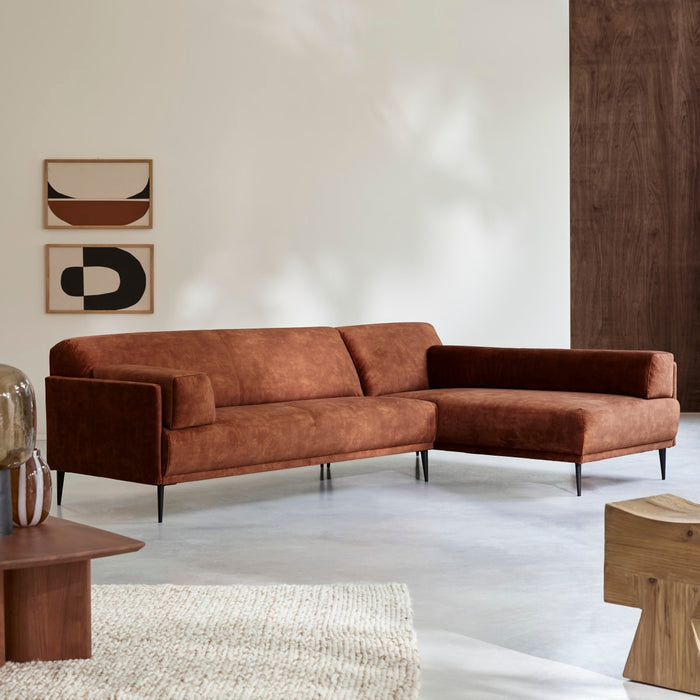 Tikamoon - Hoekbank met hoek rechts in terracottabruin fluweel 270 x 180 cm Finn, 4-zit