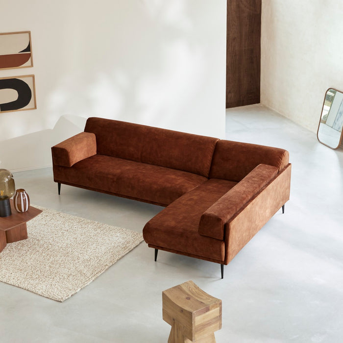 Tikamoon - Hoekbank met hoek rechts in terracottabruin fluweel 270 x 180 cm Finn, 4-zit