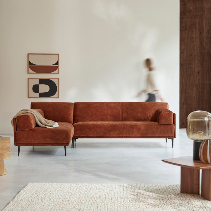 Tikamoon - Hoekbank met hoek links in terracottabruin fluweel 270 x 180 cm Finn, 4-zit