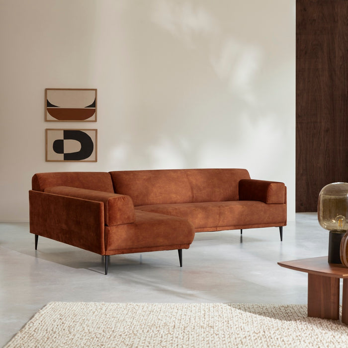 Tikamoon - Hoekbank met hoek links in terracottabruin fluweel 270 x 180 cm Finn, 4-zit