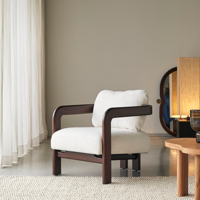 Tikamoon - Fauteuil in massief mindihout en ecru bouclé stof Charlie,…