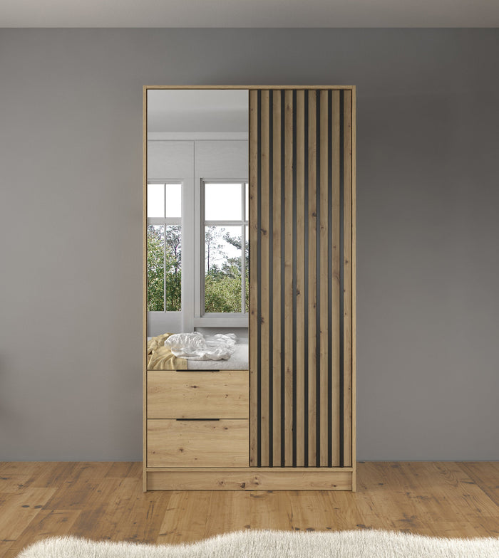 Meubella - Kledingkast Nairobi - Eiken - Zwart - 105 cm - Met spiegel