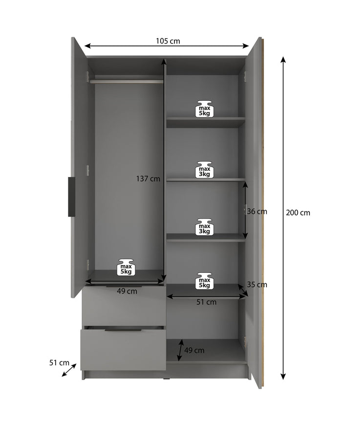 Meubella - Kledingkast Nairobi - Eiken - Zwart - 105 cm