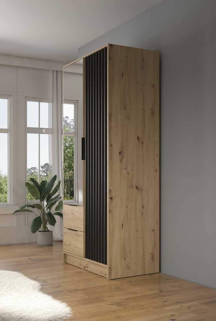 Meubella - Kledingkast Nairobi - Eiken - Zwart - 105 cm - Met spiegel