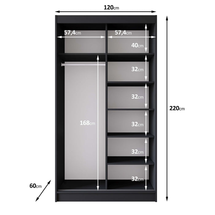 Meubella - Kledingkast Epirus - Zwart - 120 cm - Met spiegel