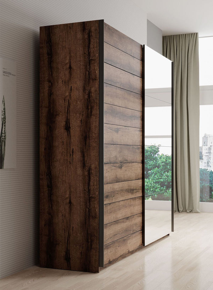 Meubella - Kledingkast Brown - Eiken - 180 cm - Met spiegel