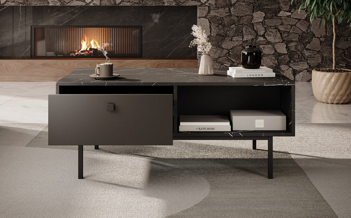 Meubella - Salontafel Frazer - Zwart marmerlook - 110 cm