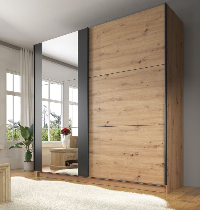 Meubella - Kledingkast Saturn - Eiken - Zwart - 217 cm - Met spiegel