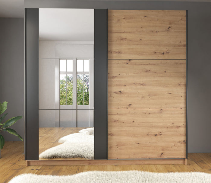 Meubella - Kledingkast Saturn - Eiken - Zwart - 217 cm - Met spiegel