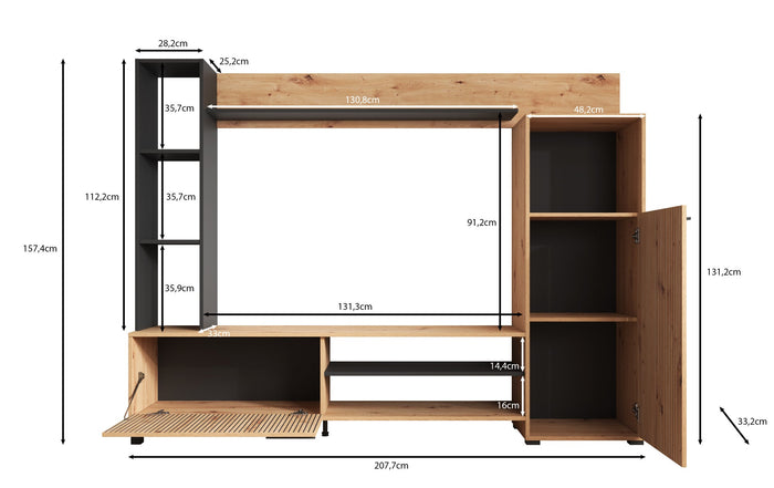 Meubella - Wandmeubel Ronald - Eiken - 208 cm