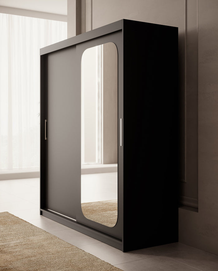 Meubella - Kledingkast Pete - Zwart - 180 cm - Met spiegel