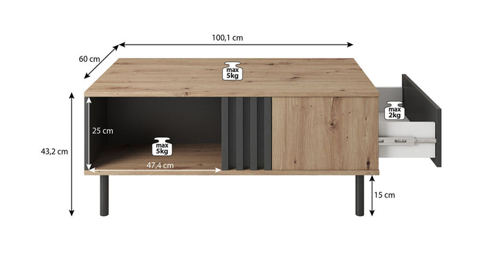 Meubella - Salontafel Marcos - Eiken - Antraciet - 100 cm