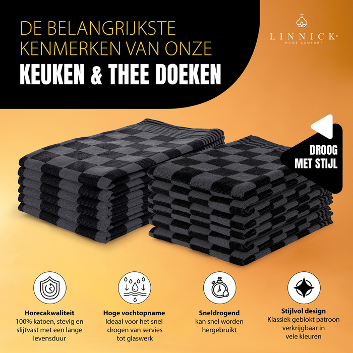 LINNICK Theedoeken & Keukendoeken Set Blok - zwart - set van 20