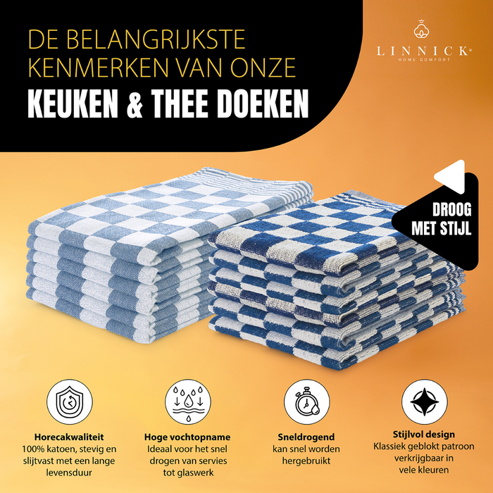 LINNICK Theedoeken & Keukendoeken Set Blok - blauw - set van 12