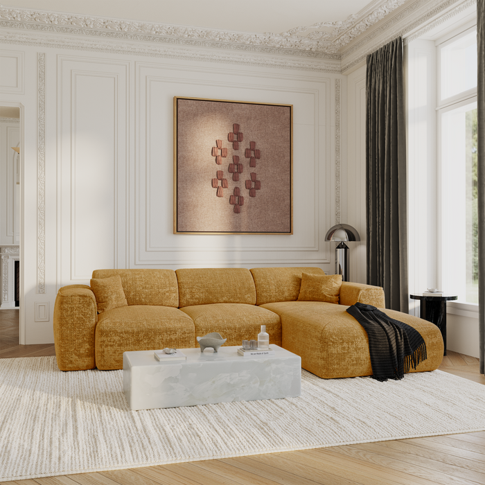 5-zits hoekbank in mosterdgeel fluweel met reliëf