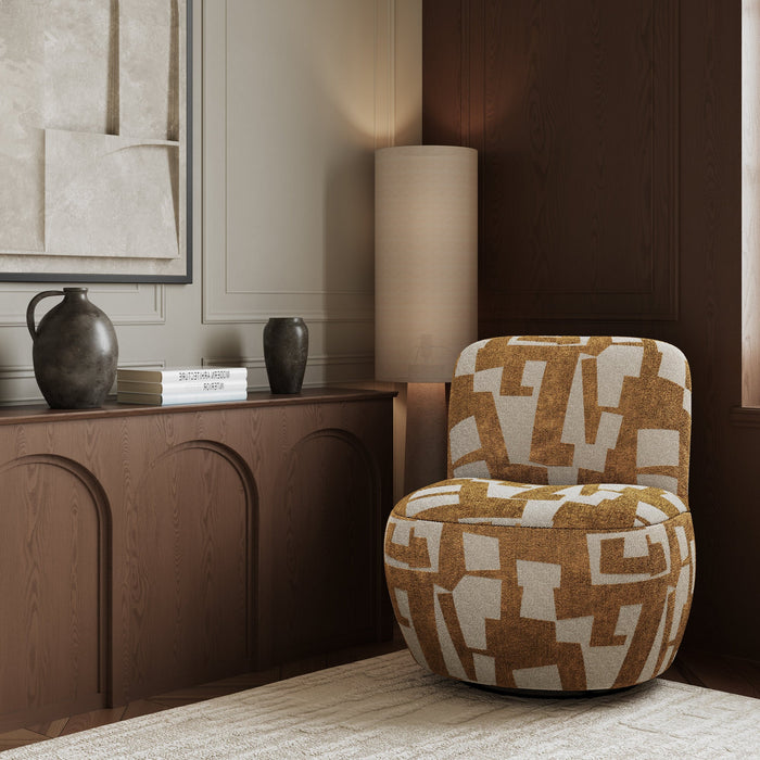 Draaibare fauteuil in structuurstof met mosterdpatroon