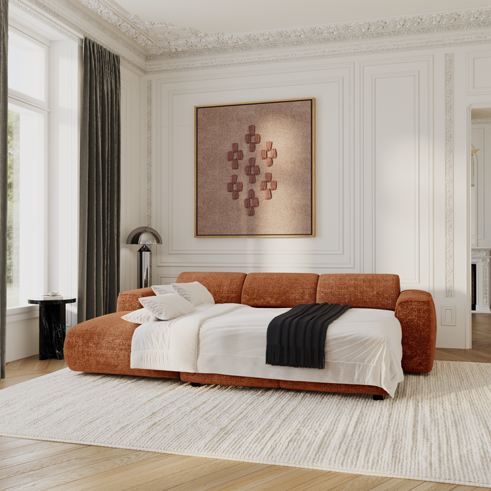 Slaapbank links hoek 5 zits terracotta reliëf fluweel