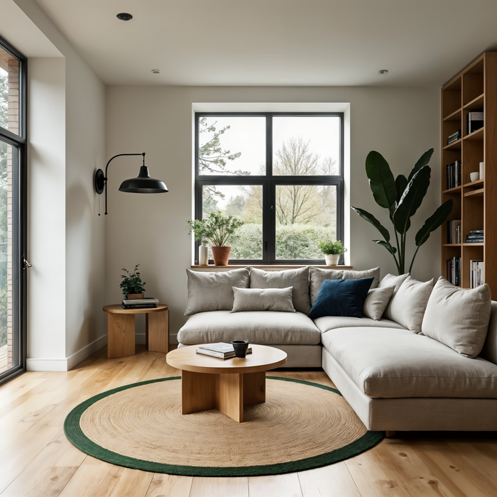 Mrcarpet Rond jute vloerkleed naturel|Groen met rand 200cm