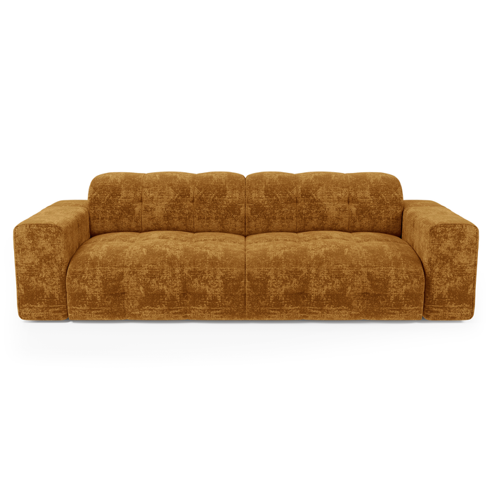 Vierzitsbank in mosterdkleurig fluweel met reliëf.