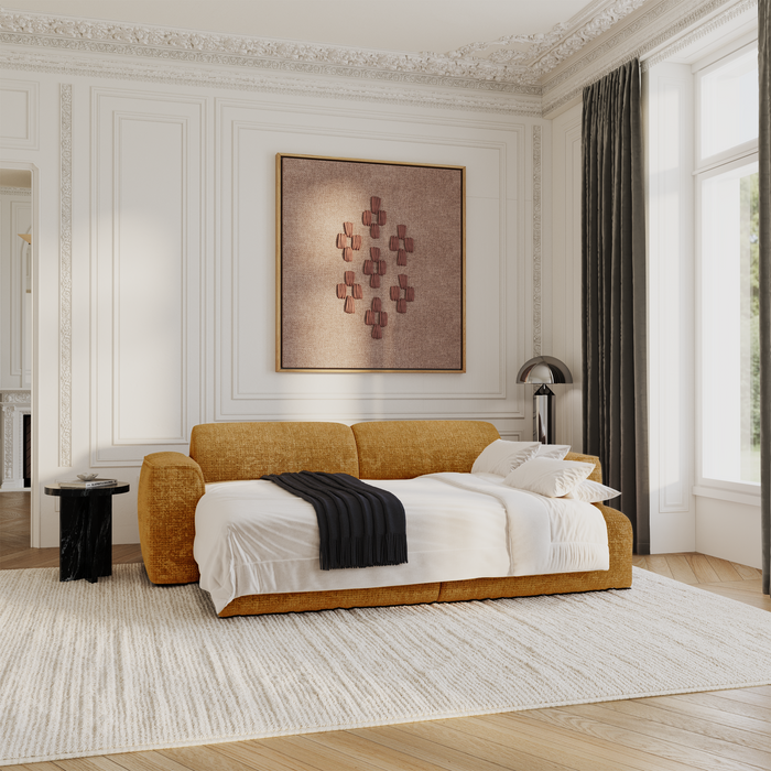 4-zits slaapbank in mosterdkleurig fluweel met reliëf