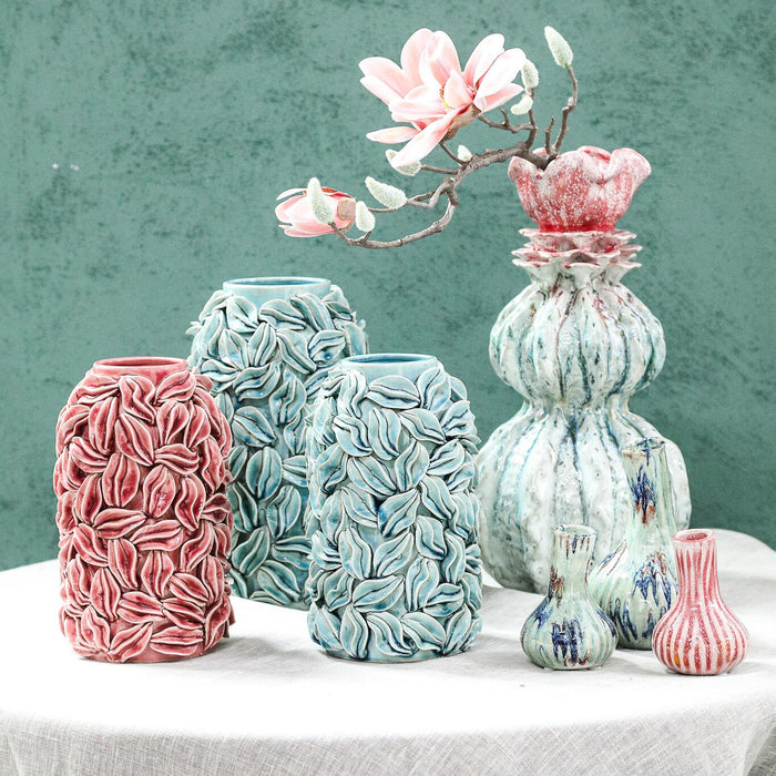 PTMD Zubeda Blue Round Glazed Ceramic Pot With Leaves L